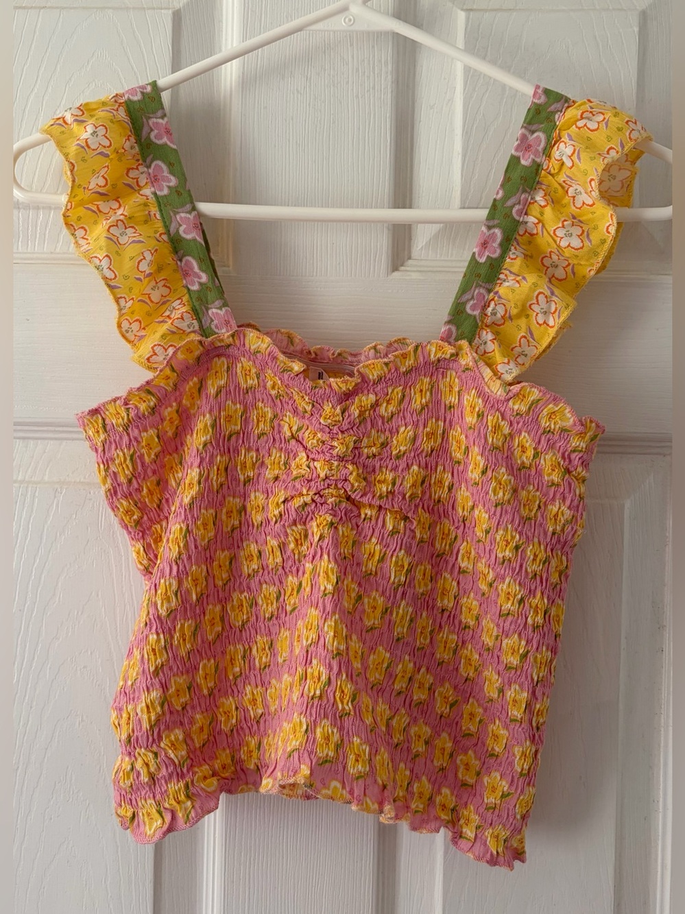 Smocked Floral Tank Top - Pink & Yellow